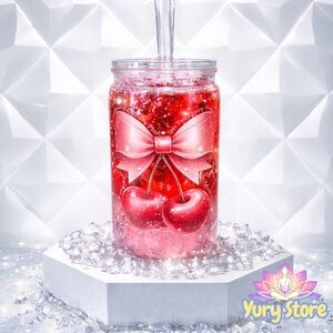 Red Cherry 16oz SNOW GLOBE ACRYLIC TUMBLER.